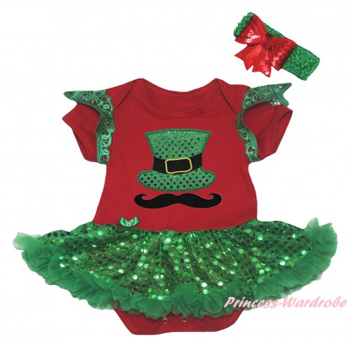 St Patrick's Day Green Ruffles Red Baby Jumpsuit Bling Kelly Green Sequins Pettiskirt & Mustache Sparkle Kelly Green Hat Print JS6328