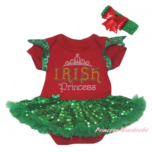 St Patrick's Day Green Ruffles Red Baby Jumpsuit Bling Kelly Green Sequins Pettiskirt & Sparkle Rhinestone IRISH Princess Print JS6330