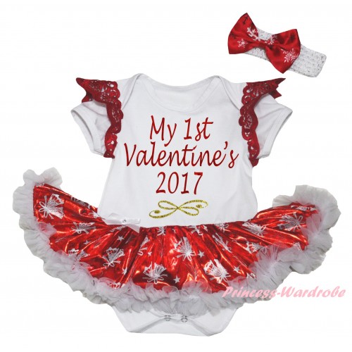 Valentine's Day Red Ruffles White Baby Jumpsuit Bling Red White Christmas Bell Pettiskirt & Sparkle Red Gold My 1st Valentine's 2017 Painting JS6335