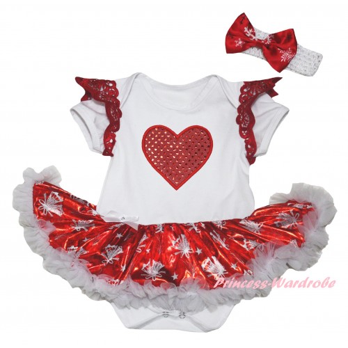 Valentine's Day Red Ruffles White Baby Jumpsuit Bling Red White Christmas Bell Pettiskirt & Sparkle Red Heart Print JS6337