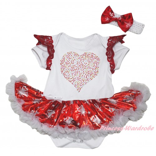 Valentine's Day Red Ruffles White Baby Jumpsuit Bling Red White Christmas Bell Pettiskirt & Sparkle Crystal Bling Rhinestone Rainbow Heart Print JS6338