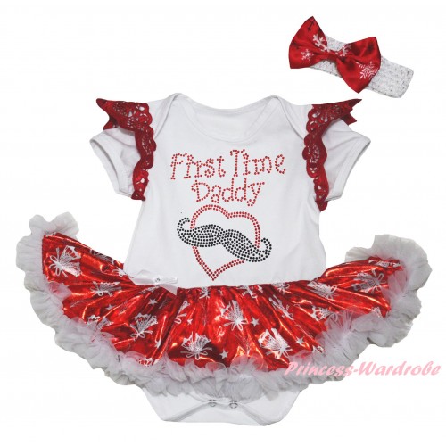 Red Ruffles White Baby Jumpsuit Bling Red White Christmas Bell Pettiskirt & Sparkle Rhinestone First Time Daddy Print JS6339