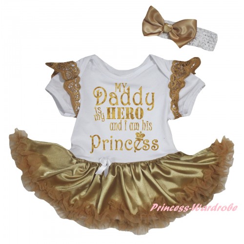 Goldenrod Ruffles White Baby Jumpsuit Goldenrod Pettiskirt & Sparkle Gold My Daddy Is My Hero And I Am His Princess Painting JS6343