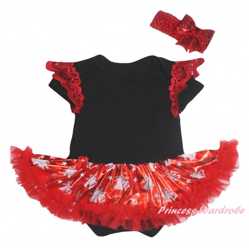 Red Ruffles Black Baby Jumpsuit Bling Red White Christmas Bell Pettiskirt JS6349