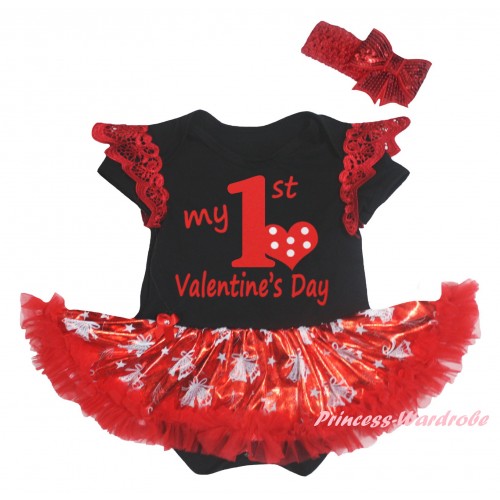 Valentine's Day Red Ruffles Black Baby Jumpsuit Bling Red White Christmas Bell Pettiskirt & Red My 1st Valentine's Day Painting JS6351