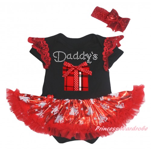 Red Ruffles Black Baby Jumpsuit Bling Red White Christmas Bell Pettiskirt & Rhinestone Daddy's Red White Checked Gift Box Print JS6353