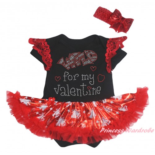 Valentine's Day Red Ruffles Black Baby Jumpsuit Bling Red White Christmas Bell Pettiskirt & Sparkle Rhinestone Wild For My Valentine Print JS6357
