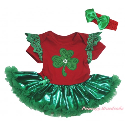 St Patrick's Day Green Ruffles Red Baby Jumpsuit Bling Kelly Green Pettiskirt & Clover Print JS6360