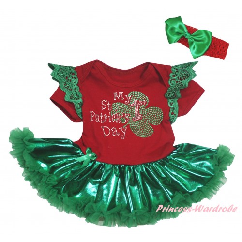 St Patrick's Day Green Ruffles Red Baby Jumpsuit Bling Kelly Green Pettiskirt & Sparkle Rhinestone My 1st St Patrick's Day Print JS6362