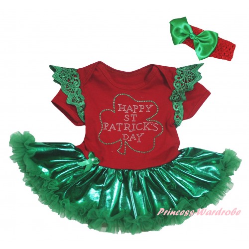 St Patrick's Day Green Ruffles Red Baby Jumpsuit Bling Kelly Green Pettiskirt & Sparkle Rhinestone Clover Print JS6364