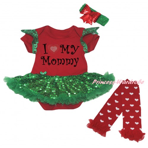 Mother's Day Green Ruffles Red Baby Jumpsuit Bling Kelly Green Sequins Pettiskirt & I Love My Mommy Painting & Warmers Leggings JS6365