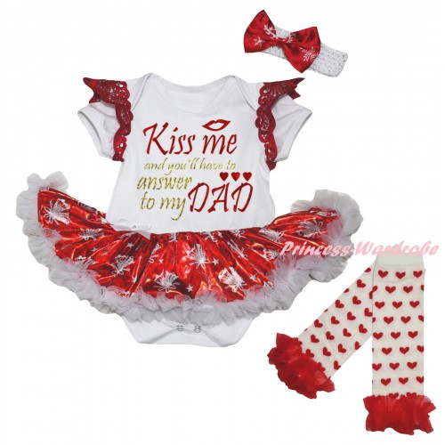 Valentine's Day Red Ruffles White Baby Jumpsuit Bling Red White Christmas Bell Pettiskirt & Sparkle Kiss Me And You'll Have To Answer To My Dad Painting & Warmers Leggings JS6366
