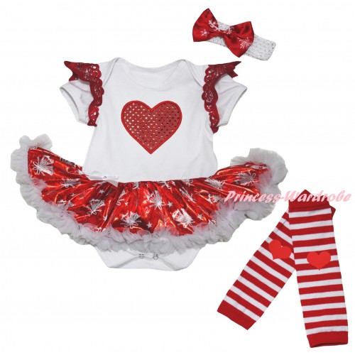 Valentine's Day Red Ruffles White Baby Jumpsuit Bling Red White Christmas Bell Pettiskirt & Sparkle Red Heart Print & Warmers Leggings JS6368