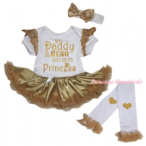 Goldenrod Ruffles White Baby Jumpsuit Goldenrod Pettiskirt & Sparkle Gold My Daddy Is My Hero And I Am His Princess Painting & Warmers Leggings JS6371