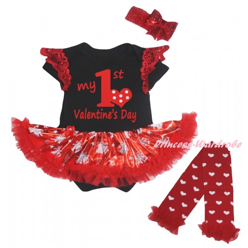 Valentine's Day Red Ruffles Black Baby Jumpsuit Bling Red White Christmas Bell Pettiskirt & Red My 1st Valentine's Day Painting & Warmers Leggings JS6373