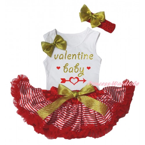 White Baby Pettitop Gold Bows & Sparkle Valentine Baby Painting & Red White Striped Newborn Pettiskirt NG2334
