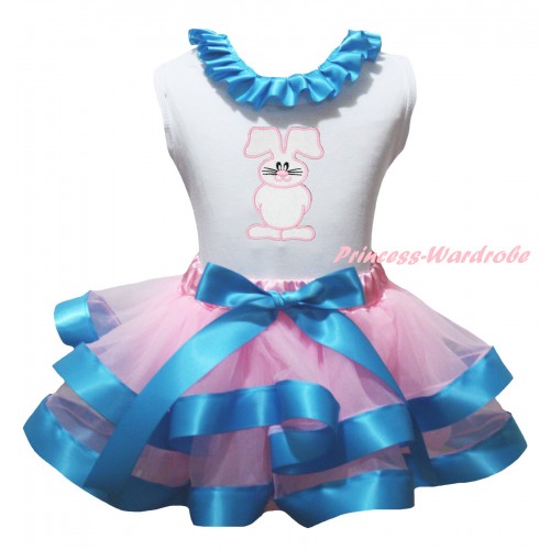 Easter White Baby Pettitop Light Blue Lacing & Bunny Rabbit Print & Light Pink Blue Trimmed Newborn Pettiskirt NG2350