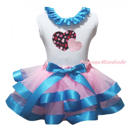 Valentine's Day White Baby Pettitop Light Blue Lacing & Hot Pink Sweet Twins Heart Print & Light Pink Blue Trimmed Newborn Pettiskirt NG2351