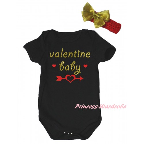 Valentine' Day Black Baby Jumpsuit & Sparkle Gold Red Valentine Baby Painting & Red Headband Gold Bow TH804