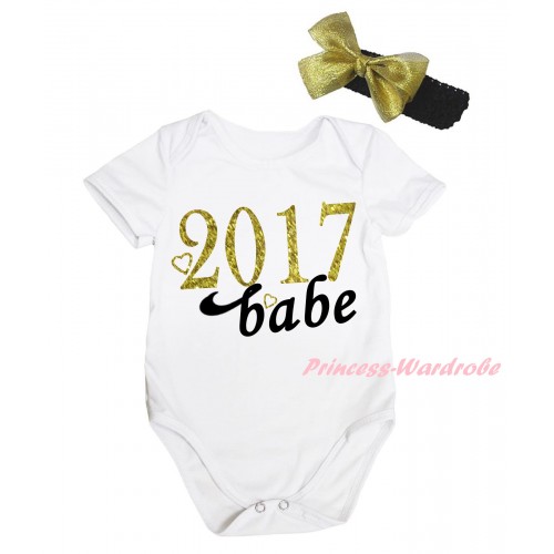 White Baby Jumpsuit & Sparkle Gold Black 2017 Babe Painting & Black Headband Gold Bow TH806