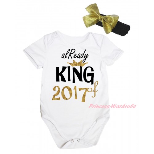 White Baby Jumpsuit & Sparkle Gold Black Already King Of 2017 Painting & Black Headband Gold Bow TH807