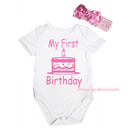White Baby Jumpsuit & Light Pink My First Birthday Cake Painting & Light Pink Headband Light Pink White Dots Bow TH808
