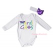 Mardi Gras White Baby Jumpsuit & Mardi Gras Painting & White Headband Dark Purple Bow TH811