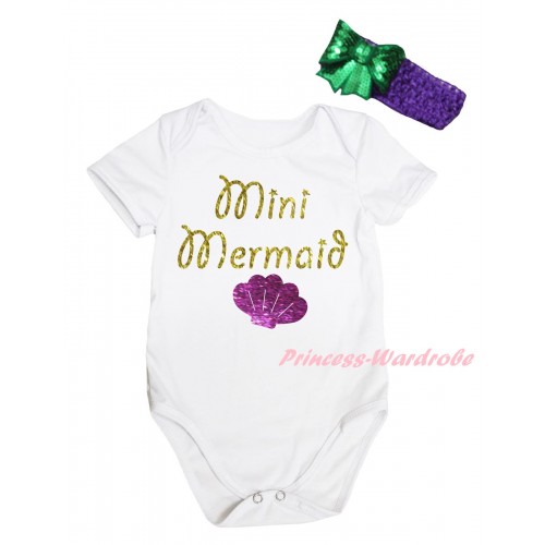 White Baby Jumpsuit & Sparkle Gold Mini Mermaid Painting & Dark Purple Headband Kelly Green Bow TH814