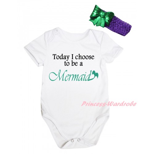 White Baby Jumpsuit & Today I Choose To Be A Mermaid Painting & Dark Purple Headband Kelly Green Bow TH816