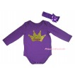 Mardi Gras Dark Purple Baby Jumpsuit & Sparkle Mardi Gras Princess Crown Painting & Dark Purple Headband Bow TH817