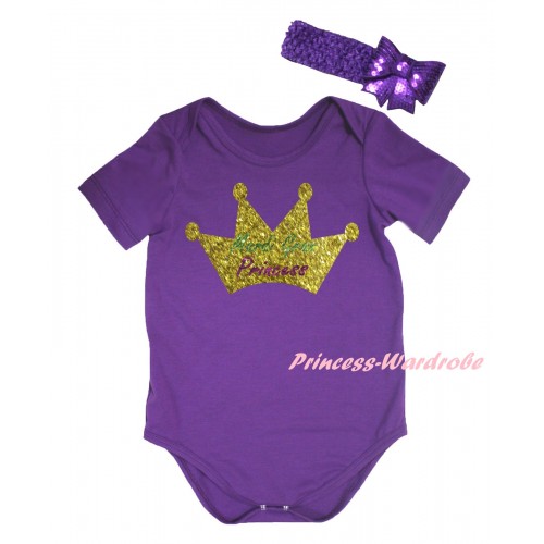 Mardi Gras Dark Purple Baby Jumpsuit & Sparkle Mardi Gras Princess Crown Painting & Dark Purple Headband Bow TH817