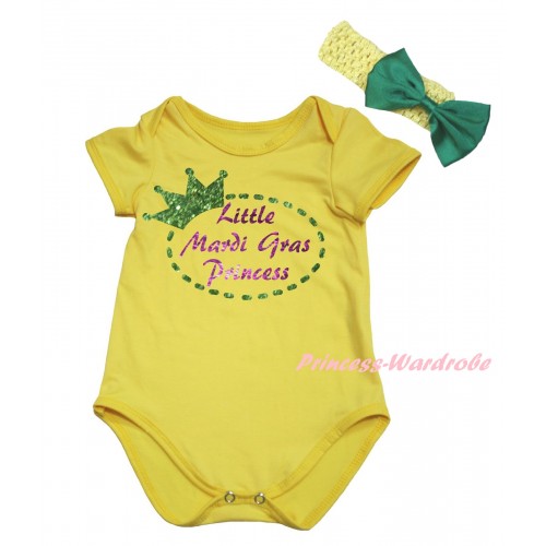 Mardi Gras Yellow Baby Jumpsuit & Sparkle Little Mardi Gras Princess Painting & Yellow Headband Kelly Green Bow TH818