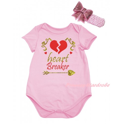 Valentine's Day Light Pink Baby Jumpsuit & Sparkle Gold Red Heart Breaker Painting & Light Pink Headband Bow TH821