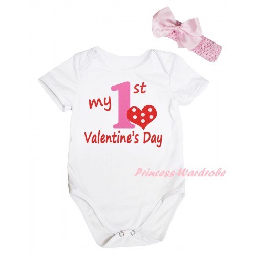 Valentine's Day White Baby Jumpsuit & Red Light Pink My 1st Valentine's Day Painting & Light Pink Headband Bow TH825