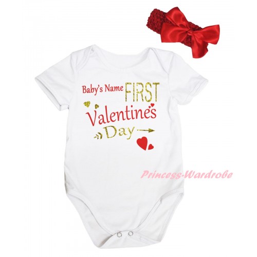Valentine's Day White Baby Jumpsuit & Sparkle Gold Red Baby's Name First Valentine's Day Painting & Red Headband Bow TH826