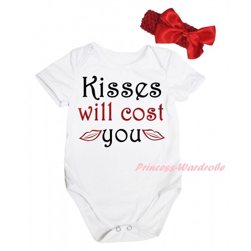Valentine's Day White Baby Jumpsuit & Sparkle Red Black Kisses Will Cost You Painting & Red Headband Bow TH827