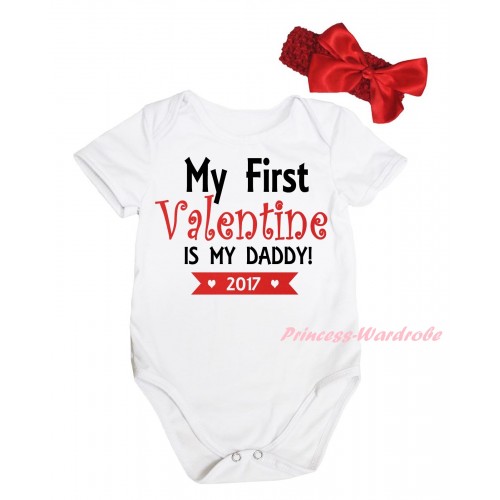 Valentine's Day White Baby Jumpsuit & Black Red My First Valentine Is My Daddy! 2017 Painting & Red Headband Bow TH828