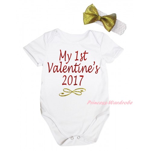 Valentine's Day White Baby Jumpsuit & Sparkle Red Gold My 1st Valentine's 2017 Painting & White Headband Gold Bow TH830