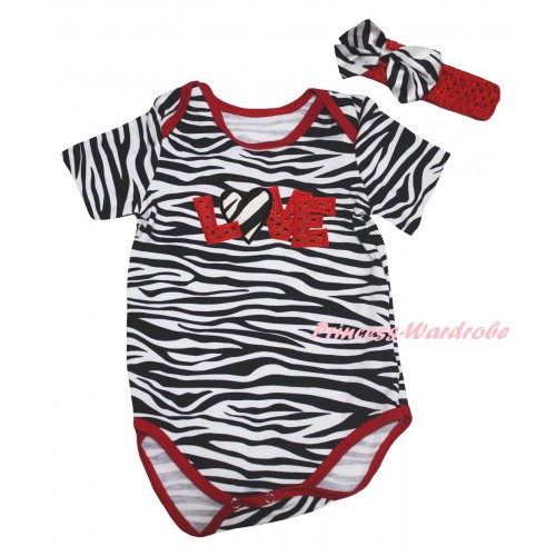 Red Zebra Baby Jumpsuit & Sparkle Red LOVE Zebra Heart Print & Red Headband Zebra Bow TH834