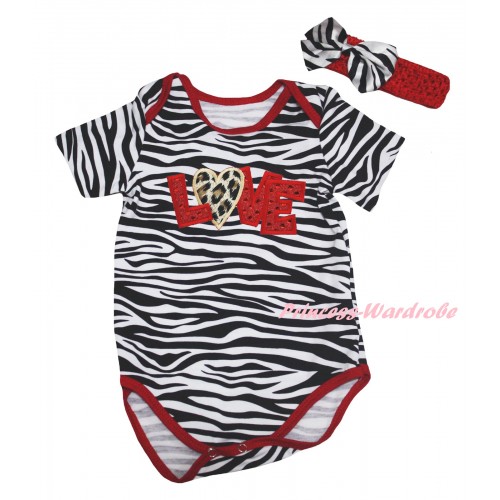Red Zebra Baby Jumpsuit & Sparkle Red LOVE Leopard Heart Print & Red Headband Zebra Bow TH835