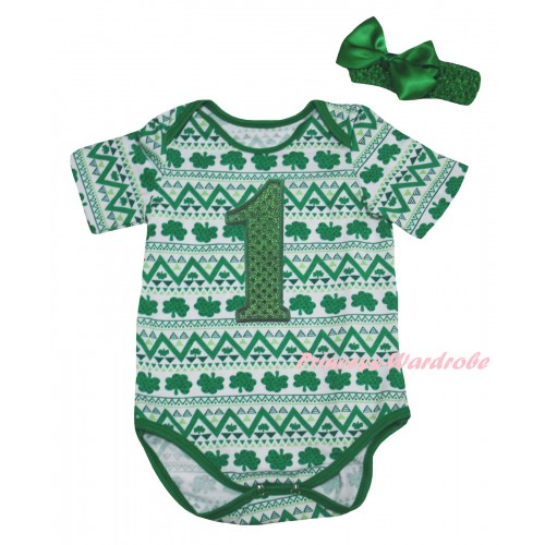 St Patrick's Day White Kelly Green Clover Baby Jumpsuit & 1st Sparkle Kelly Green Birthday Number Print & Kelly Green Headband Bow TH836