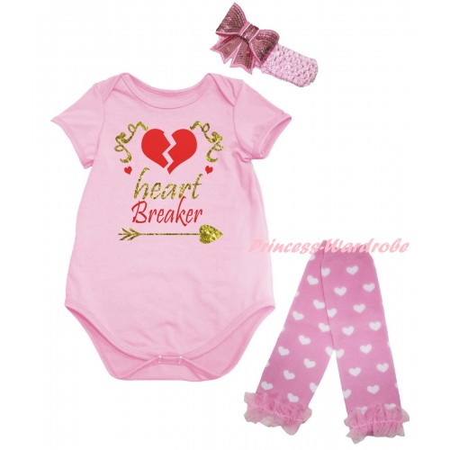 Valentine's Day Light Pink Baby Jumpsuit & Sparkle Gold Red Heart Breaker Painting & Light Pink Headband Bow & Light Pink Ruffles Light Pink White Heart Leg Warmer Set TH839