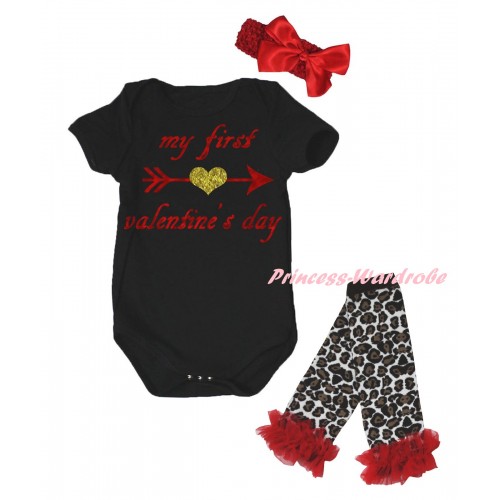 Valentine's Day Black Baby Jumpsuit & Sparkle My First Valentine's Day Painting & Red Headband Bow & Red Ruffles Black Leopard Leg Warmer Set TH840