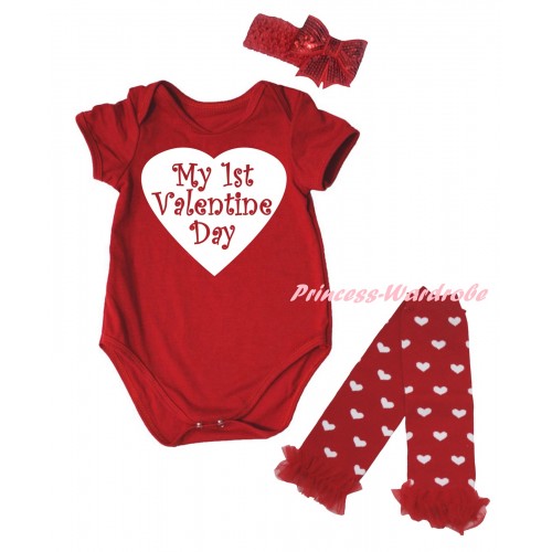 Valentine's Day Red Baby Jumpsuit & White My 1st Valentine Day Heart Painting & Red Headband Bow & Red Ruffles Red White Heart Leg Warmer Set TH841