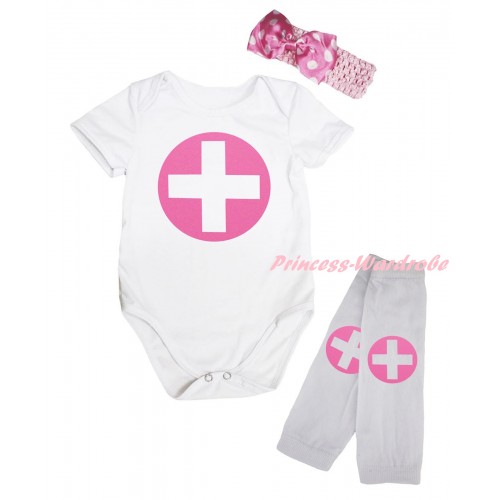 White Baby Jumpsuit & Light Pink Nurse Print & Light Pink Headband Light Pink White Dots Bow & White Light Pink Nurse Print Leg Warmer Set TH842
