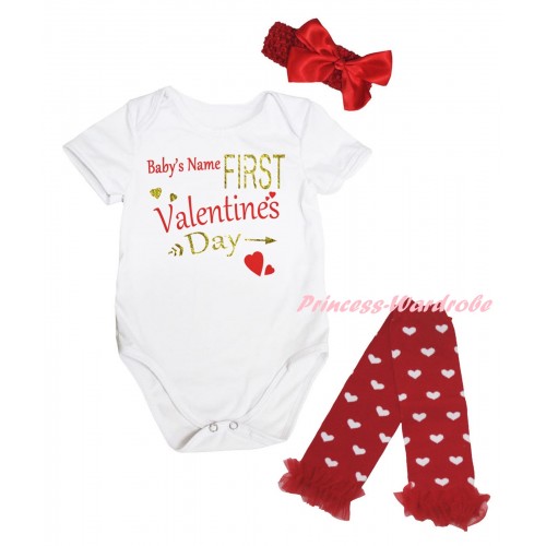 Valentine's Day White Baby Jumpsuit & Sparkle Gold Red Baby's Name First Valentine's Day Painting & Red Headband Bow & Red Ruffles Red White Heart Leg Warmer Set TH843