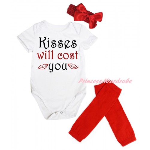 Valentine's Day White Baby Jumpsuit & Sparkle Red Black Kisses Will Cost You Painting & Red Headband Bow & Red Leg Warmer Set TH845