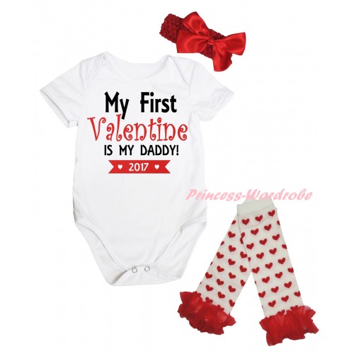 Valentine's Day White Baby Jumpsuit & Black Red My First Valentine Is My Daddy! 2017 Painting & Red Headband Bow & Red Ruffles White Red Heart Leg Warmer Set TH846