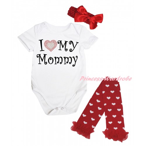 Mother's Day White Baby Jumpsuit & Sparkle I Love My Mommy Painting & Red Headband Bow & Red  Ruffles Red White Heart Leg Warmer Set TH847