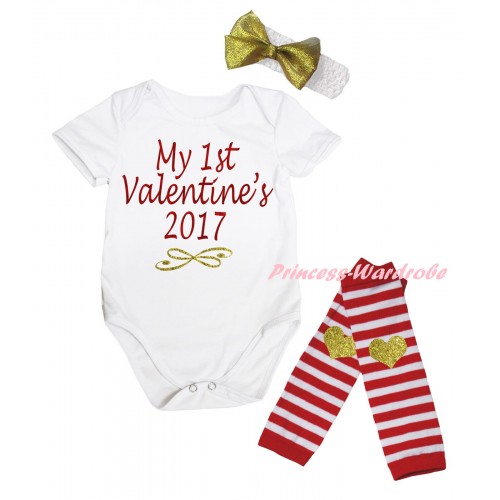 Valentine's Day White Baby Jumpsuit & Sparkle Red Gold My 1st Valentine's 2017 Painting & White Headband Gold Bow & Red White Striped Gold Heart Print Leg Warmer Set TH848